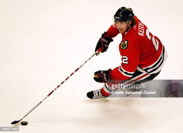 Duncan Keith of the Chicago Blackhawks controls the puck against the Nashville Predators in Game Five of the Western Conference Quarterfinals during...