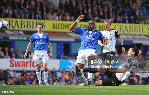 Clint Dempsey of Fulham has a shot on goal during the Barclays Premier League match between Everton and Fulham at Goodison Park on April 25, 2010 in...