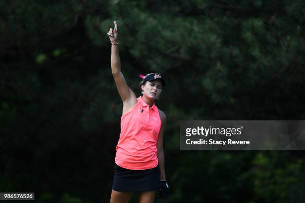 Lexi Thompson reacts to her tee shot on the second hole during the first round of the KPMG Women's PGA Championship at Kemper Lakes Golf Club on June...