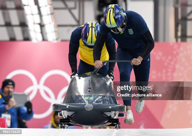 Bobsleigh pilot Edson Bindilatti and pusher Edson Ricardo Martins from Brazil sliding down the track during bobsleigh training in Pyeongchang, South...