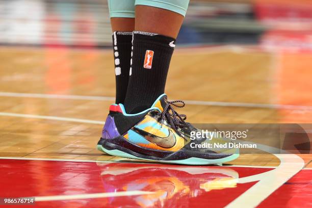 Sneakers of Epiphanny Prince of the New York Liberty during the game against the Washington Mystics on June 28, 2018 at Capital One Arena in...