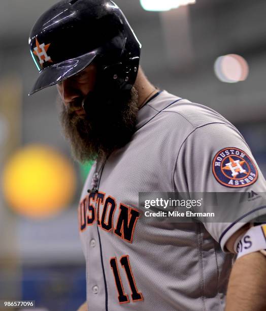 Evan Gattis of the Houston Astros looks on during a game against the Tampa Bay Rays at Tropicana Field on June 28, 2018 in St Petersburg, Florida.