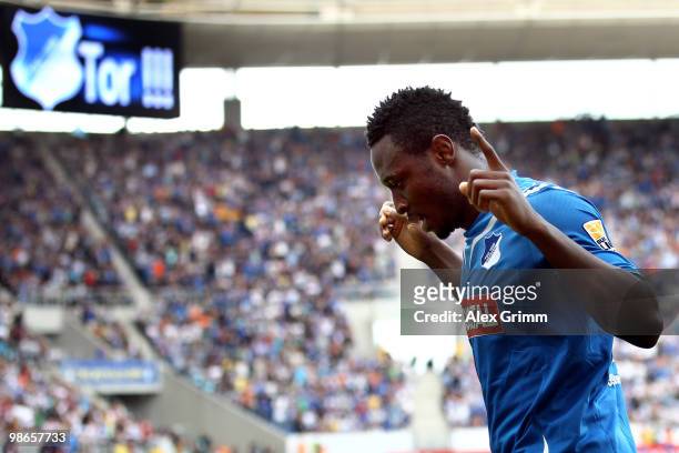 Chinedu Obasi of Hoffenheim celebrates his team's fourth goal during the Bundesliga match between 1899 Hoffenheim and Hamburger SV at the...