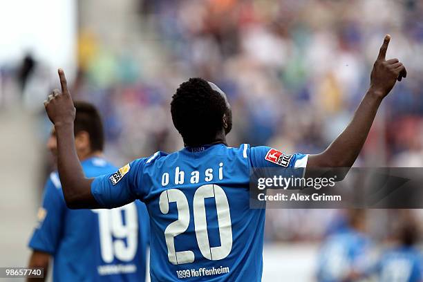 Chinedu Obasi of Hoffenheim celebrates his team's fourth goal during the Bundesliga match between 1899 Hoffenheim and Hamburger SV at the...