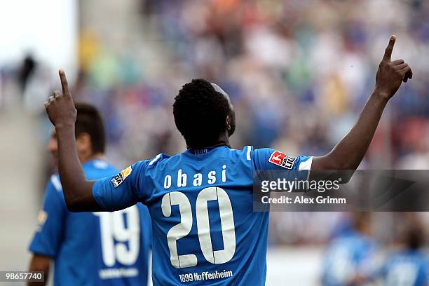 Chinedu Obasi of Hoffenheim celebrates his team's fourth goal during the Bundesliga match between 1899 Hoffenheim and Hamburger SV at the...