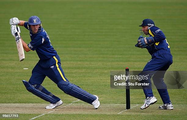 Durham batsman Ben Harmison cuts a ball to pick up some runs as Hampshire wicketkeeper Nic Pothas looks on during the Clydesdale Bank 40 match...