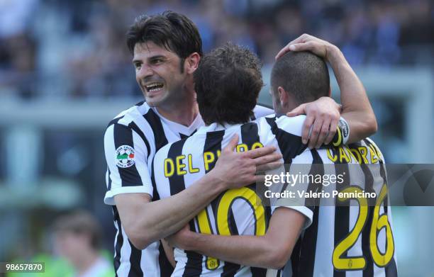 Vincenzo Iaquinta of Juventus FC celebrates his goal with Alessandro Del Piero and Antonio Candreva during the Serie A match between Juventus FC and...