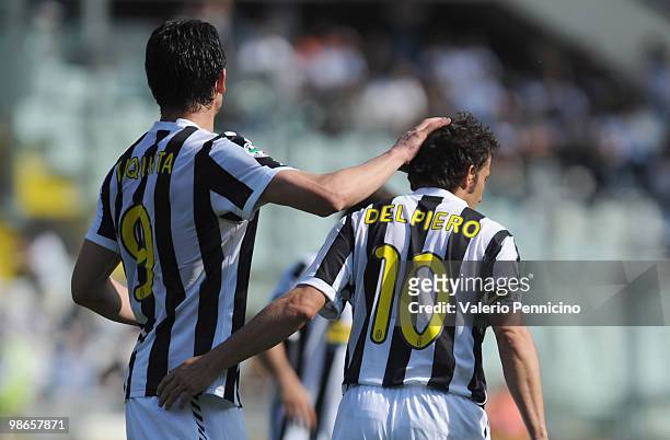 Vincenzo Iaquinta and Alessandro Del Piero of Juventus FC celebrate victory after the Serie A match between Juventus FC and AS Bari at Stadio...
