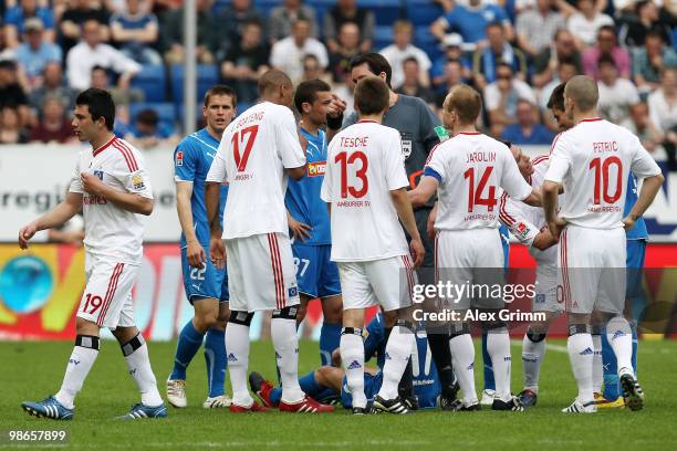 Tolgay Arslan of Hamburg is sent off by referee Manuel Graefe during the Bundesliga match between 1899 Hoffenheim and Hamburger SV at the...