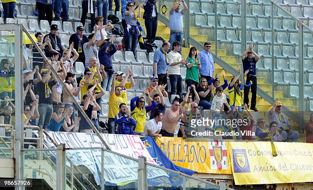 Supporters of AC Chievo celebrate during the Serie A match between ACF Fiorentina and AC Chievo Verona at Stadio Artemio Franchi on April 25, 2010 in...