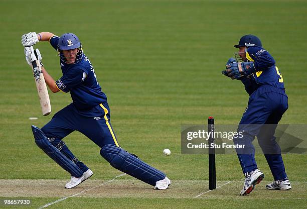 Durham batsman Ben Harmison cuts a ball to pick up some runs as Hampshire wicketkeeper Nic Pothas looks on during the Clydesdale Bank 40 match...