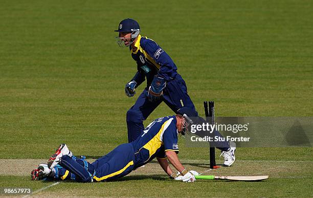 Durham batsman Dale Benkenstein is run out by Hampshire wicketkeeper Nic Pothas during the Clydesdale Bank 40 match between Durham Dynamos and...