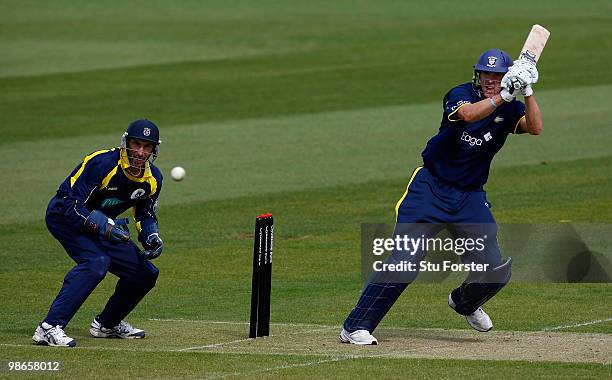 Durham batsman Ben Harmison cuts a ball to pick up some runs as Hampshire wicketkeeper Nic Pothas looks on during the Clydesdale Bank 40 match...