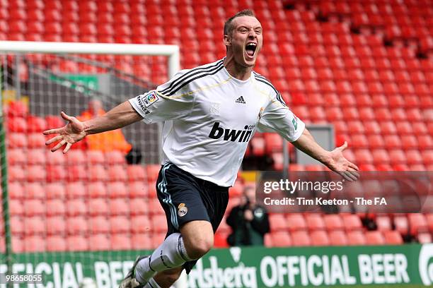 Christopher Lawther celebrates scoring the winner for Hetton Lyons during the FA Sunday Cup Final match between Hetton Lyons and Magnet Tavern at...