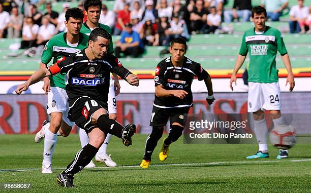 Antonio Di Natale of Udinese scores a penalty during the Serie A match between Udinese Calcio and AC Siena at Stadio Friuli on April 25, 2010 in...