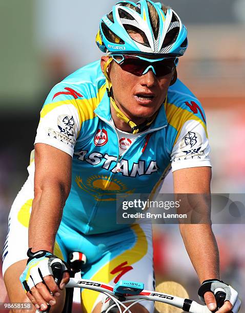 Alexandre Vinokourov of Astana and Kazakhstan relaxes after crossing the finish line to win the 96th Liège-Bastogne-Liège race on April 25, 2010 in...