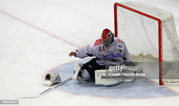 Dennis Endras, goalkeeper of Augsburg looks dejected during the DEL play off final match between Hannover Scorpions and Augsburger Panther at TUI...