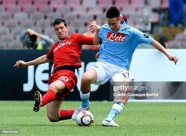 Andrea Lazzari of Cagliari and Marek Hamsik of Napoli in action during the Serie A match between SSC Napoli and Cagliari Calcio at Stadio San Paolo...