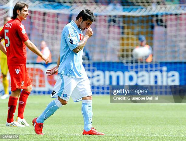 Ezequiel Lavezzi of Napoli walks off the field during the Serie A match between SSC Napoli and Cagliari Calcio at Stadio San Paolo on April 25, 2010...