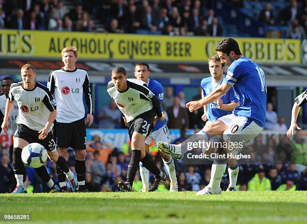Mikel Arteta of Everton scores the winning goal from the penalty spot during the Barclays Premier League match between Everton and Fulham at Goodison...