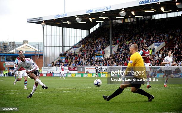 Brian Jensen of Burnley is unable to prevent Ryan Babel scoring a fourth goal for Liverpool during the Barclays Premier League match between Burnley...