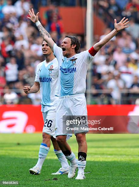 Roberto Baronio of SS Lazio celebrates victory after the Serie A match between Genoa CFC and SS Lazio at Stadio Luigi Ferraris on April 25, 2010 in...