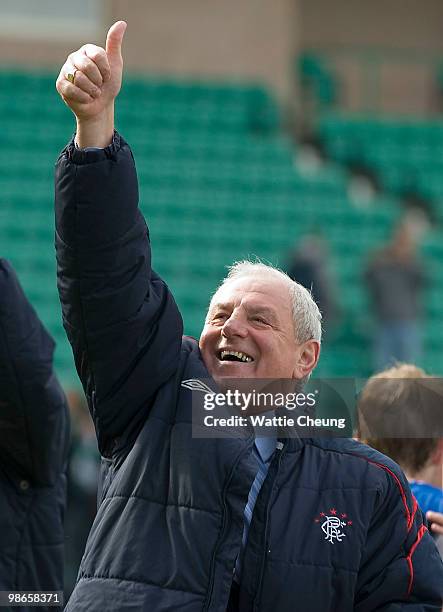 Rangers manager Walter Smith celebrates winning the league after the Clydesdale Bank Scottish Premier League match between Hibernian and Rangers at...