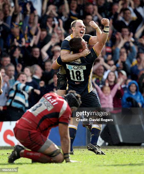 Ceiron Thomas, the Leeds match winner, is hoisted by team mate Phil Swainston after their victory in the Guinness Premiership match between Leeds...