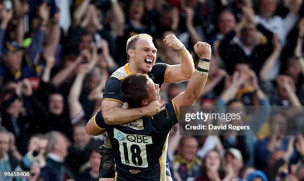 Ceiron Thomas, the Leeds match winner is hoisted by team mate Phil Swainston after their victory in the Guinness Premiership match between Leeds...