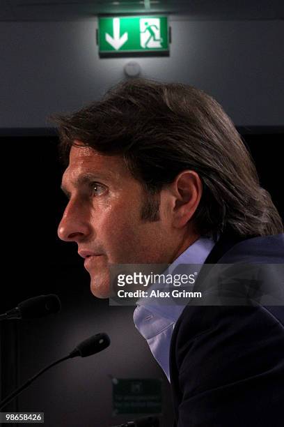 Head coach Bruno Labbadia of Hamburg is pictured during the press conference after the Bundesliga match between 1899 Hoffenheim and Hamburger SV at...