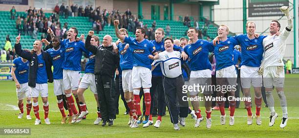 Rangers team celebrates winning the league after the Clydesdale Bank Scottish Premier League match between Hibernian and Rangers at Easter Road, on...
