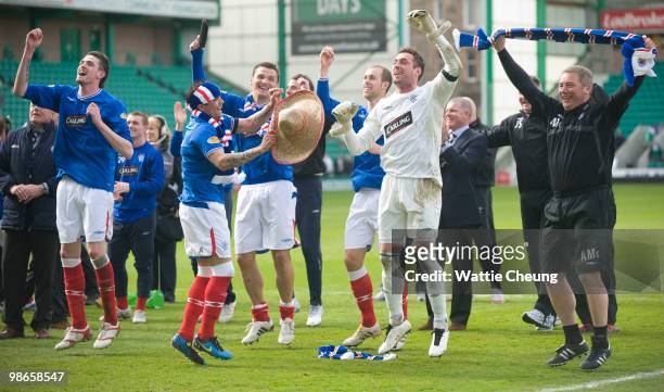 Rangers team celebrates winning the league after the Clydesdale Bank Scottish Premier League match between Hibernian and Rangers at Easter Road, on...