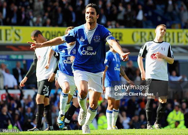 Mikel Arteta of Everton celebrates after scoring the winning goal from the penalty spot during the Barclays Premier League match between Everton and...