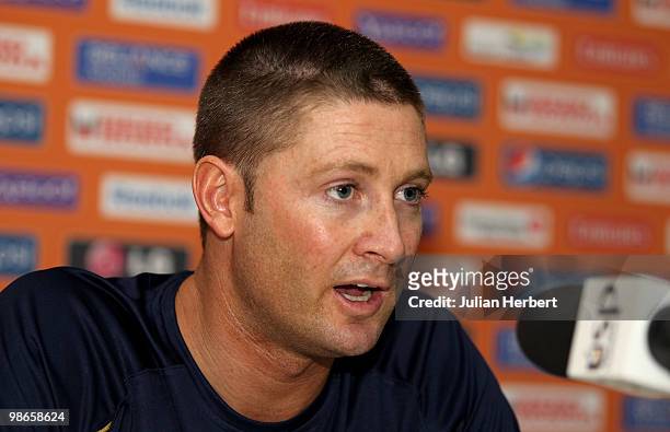 Captain of the Austrliian Twenty20 cricket team Michael Clarke speaks at a press conference on April 25, 2010 in Gros Islet, Saint Lucia.
