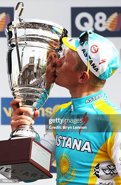 Alexandre Vinokourov of Astana and Kazakhstan poses with the race winners' trophy after winning the 96th Liège-Bastogne-Liège race on April 25, 2010...