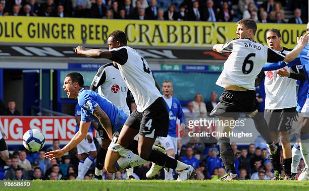 Tim Cahill of Everton is brought down in the penalty area by Chris Baird of Fulham during the Barclays Premier League match between Everton and...