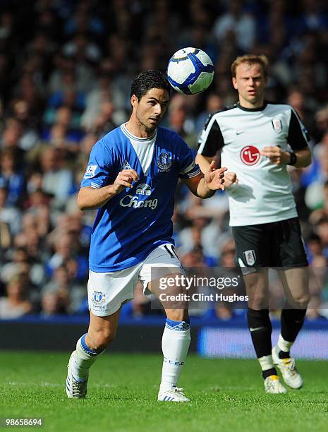 Mikel Arteta of Everton in action during the Barclays Premier League match between Everton and Fulham at Goodison Park on April 25, 2010 in...