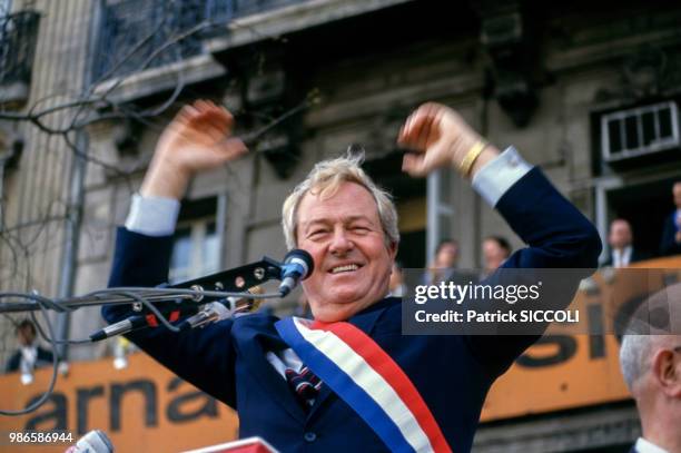 Jean-Marie Le Pen lors d'une manifestation du Front National à Marseille le 4 avril 1987, France.