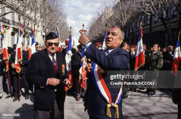 Membres du Front National lors d'une manifestation à Marseille le 4 avril 1987, France.