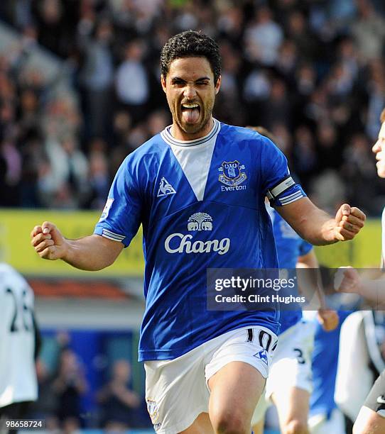 Mikel Arteta of Everton celebrates after scoring the winning goal from the penalty spot during the Barclays Premier League match between Everton and...