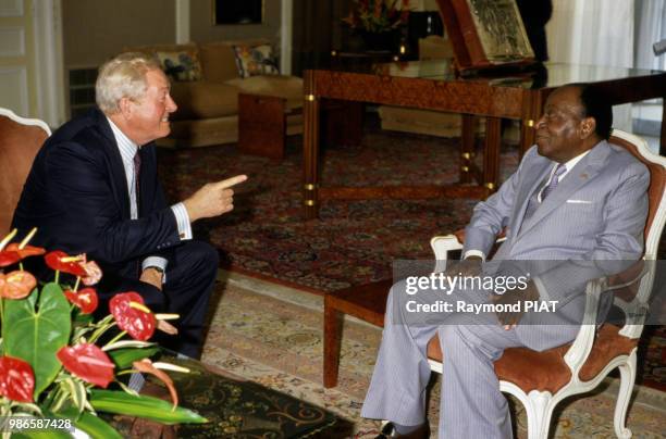 Jean-Marie Le Pen reçu par le président Félix Houphouët-Boigny à Abidjan le 13 avril 1987, Côte d'Ivoire.
