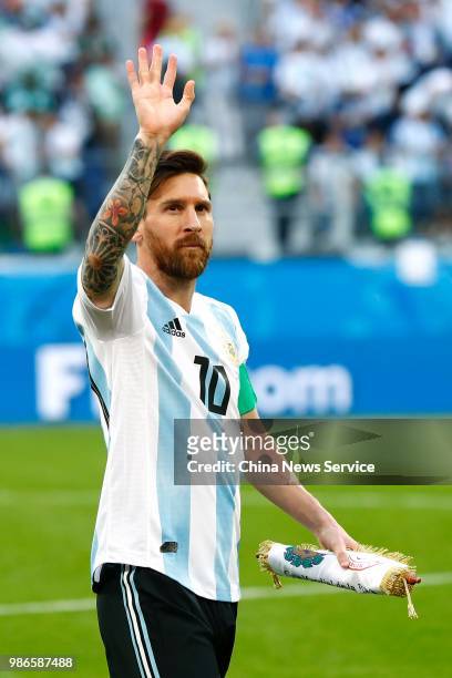 Lionel Messi of Argentina reacts in the 2018 FIFA World Cup Russia group D match between Nigeria and Argentina at Saint Petersburg Stadium on June...