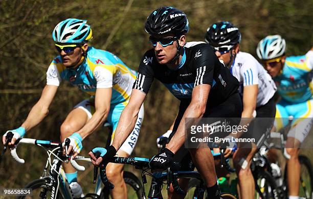 Bradley Wiggins of Great Britain and Team SKY rides in the peloton during the 96th the Liège-Bastogne-Liège race on April 25, 2010 in Liege, Belgium.