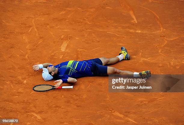 Fernando Verdasco of Spain celebrates match point over Robin Soderling of Sweden during the final match on day seven of the ATP 500 World Tour...