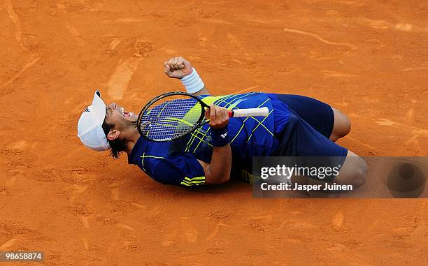 Fernando Verdasco of Spain celebrates match point over Robin Soderling of Sweden during the final match on day seven of the ATP 500 World Tour...