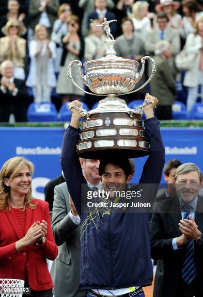 Fernando Verdasco of Spain lifts the winners trophy after winning the final match against Robin Soderling of Sweden on day seven of the ATP 500 World...