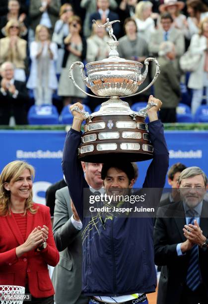 Fernando Verdasco of Spain lifts the winners trophy after winning the final match against Robin Soderling of Sweden on day seven of the ATP 500 World...