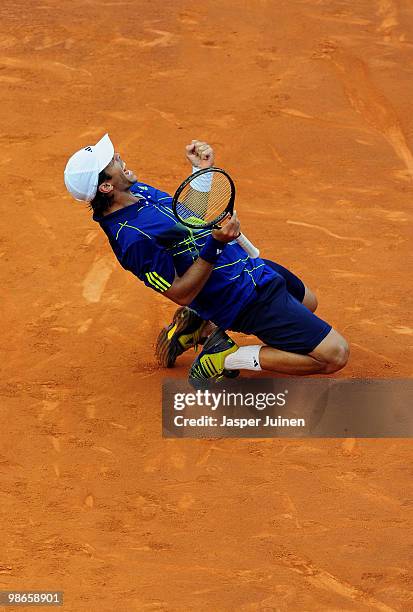 Fernando Verdasco of Spain celebrates match point over Robin Soderling of Sweden during the final match on day seven of the ATP 500 World Tour...