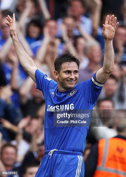 Frank Lampard of Chelsea celebrates as he scores their fifth goal during the Barclays Premier League match between Chelsea and Stoke City at Stamford...