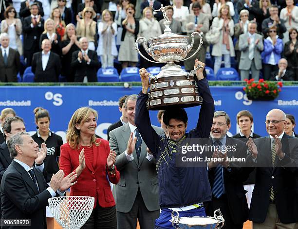 Fernando Verdasco of Spain lifts the winners trophy after winning the final match against Robin Soderling of Sweden on day seven of the ATP 500 World...